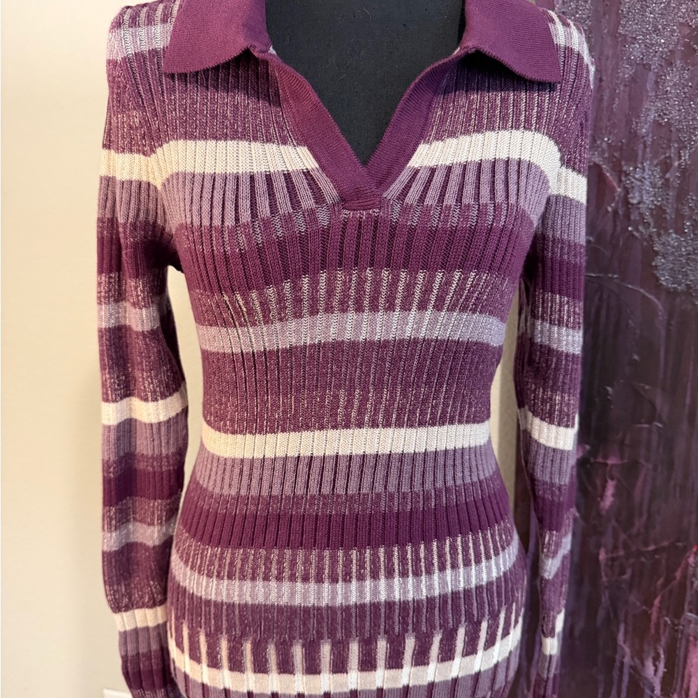 NWT Alp n Rock Women’s Striped Polo V-Neck Sweater Dress - Plum and Cream
